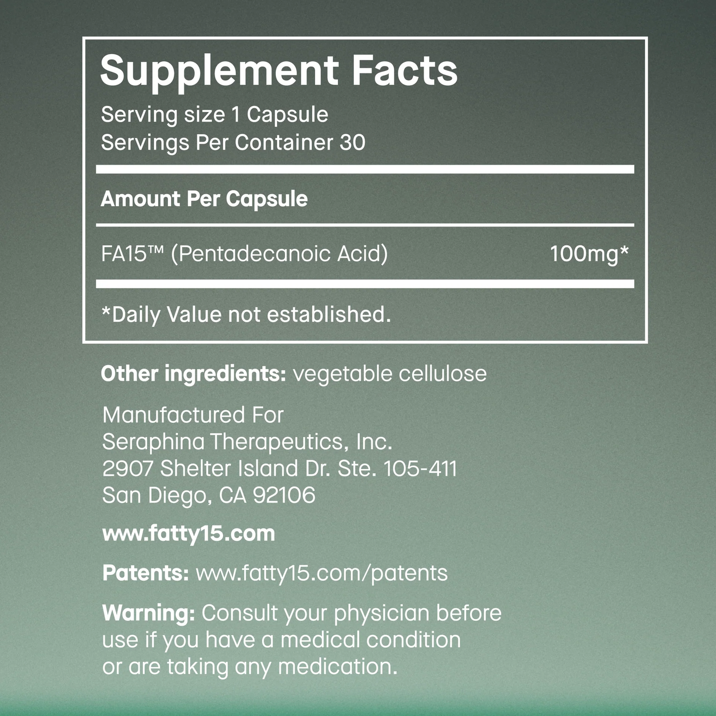 Fatty15 C15:0 Pentadecanoic Acid Healthy Aging Supplement- 360 Capsules